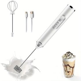 One Set Of Milk Frother Handheld USB-Rechargeable With 2pcs Stainless Whisk Heads; 3-Speed Adjustable Handheld Milk Frother For Cappuccinos; Hot (Color: White)