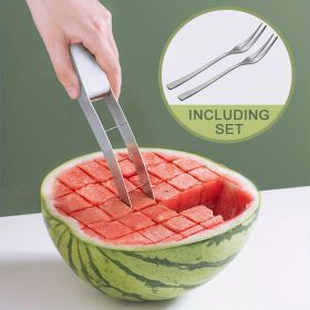 1pc Watermelon Cutter Slicer, Stainless Steel Watermelon Cube Cutter Quickly Safe Watermelon Knife, Fun Fruit Salad Melon Cutter For Kitchen Gadg (Items: Watermelon Slicer With 2 Forks)