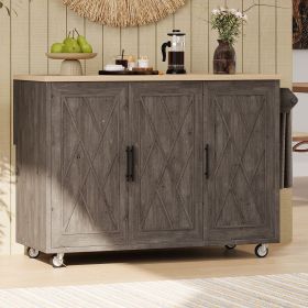 51.2"W Geometric Twill Stripe Textured Design Kitchen Island with Drop Leaf, Farmhouse Kitchen Island on Wheels with Internal Storage Rack (Material: MDF,Pine, Color: Brown)